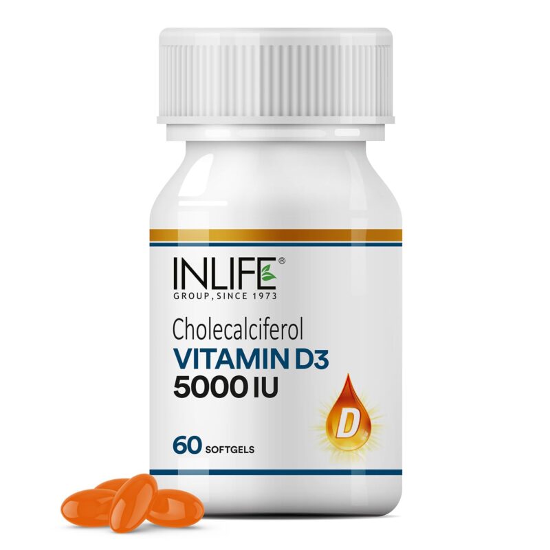 INLIFE Vitamin D3 5000 IU Cholecalciferol with Coconut Oil Supplement for Better Absorption, For Men & Women, Immunity, Bone Health, Muscles - 60 Softgels