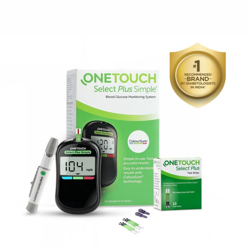 OneTouch Select Plus Simple Blood Glucose Monitoring System | Simple to Use Machine | Proven Accuracy – ISO Certified Global Iconic Brand | Glucometer for Sugar Testing | FREE 10 Strips, Free Lancing Device and 10 Lancets Designed for Less-Pain