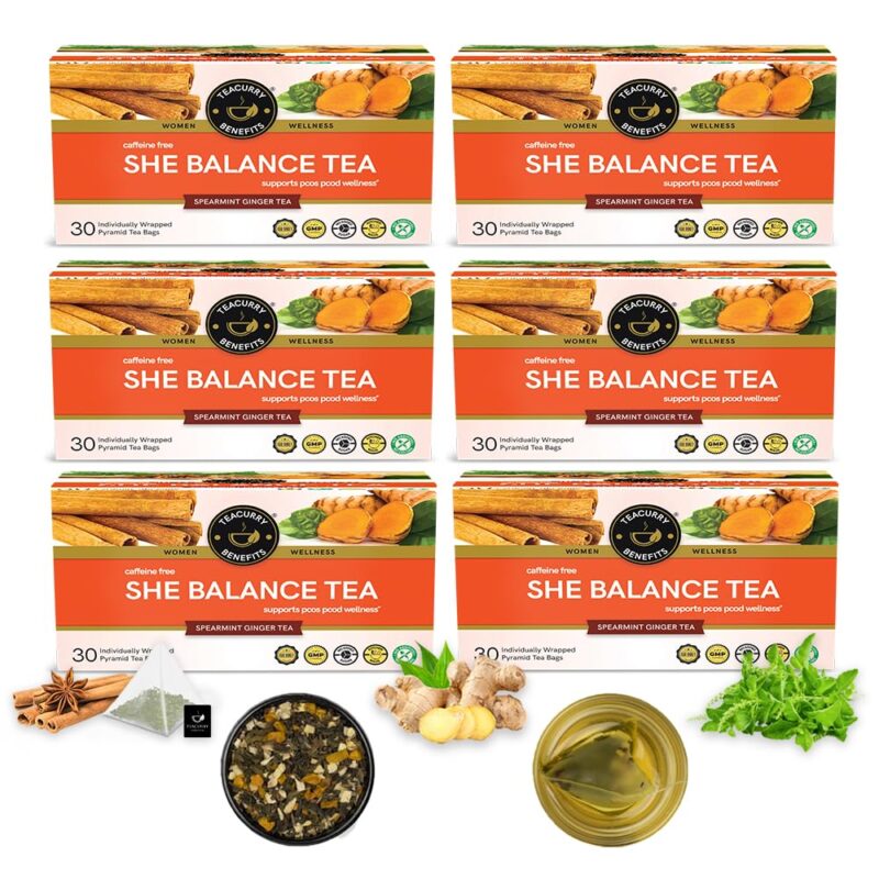 TEACURRY Pcos Pcod Tea Box (6 Month Pack, 180 Tea Bags) - Helps With Hormone, Period And Weight - Pcos Tea - She Balance Tea - Herbal Tea, 100Gm