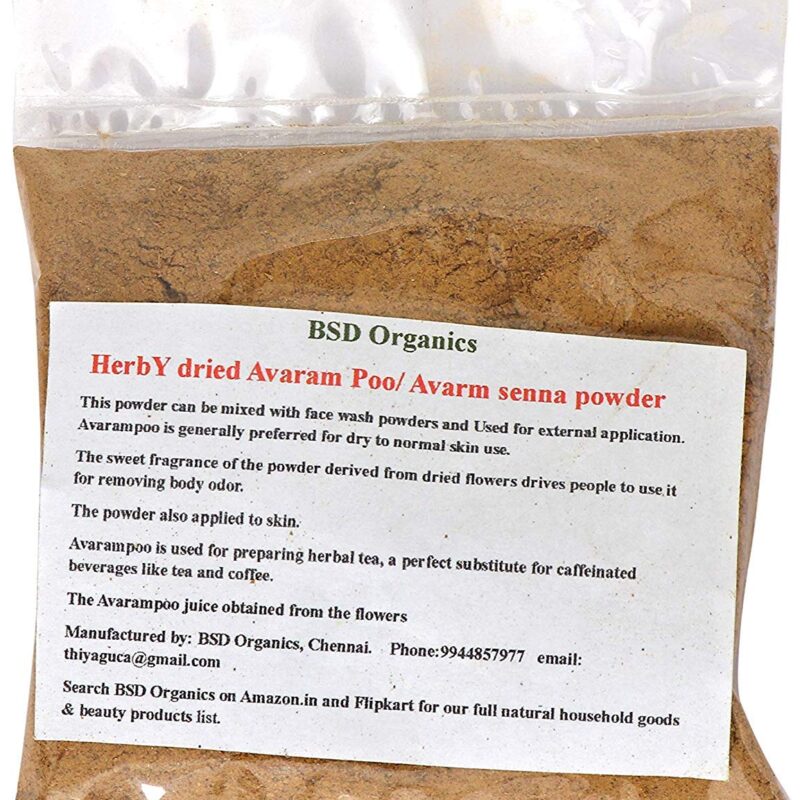BSD Organics Herby Powder of Avaram Poo/Avarm Senna/Senna Auriculata/Tanner's Cassia/Tamgedu for Tea, Skin Care and More - 50 g / 0.11 Pounds