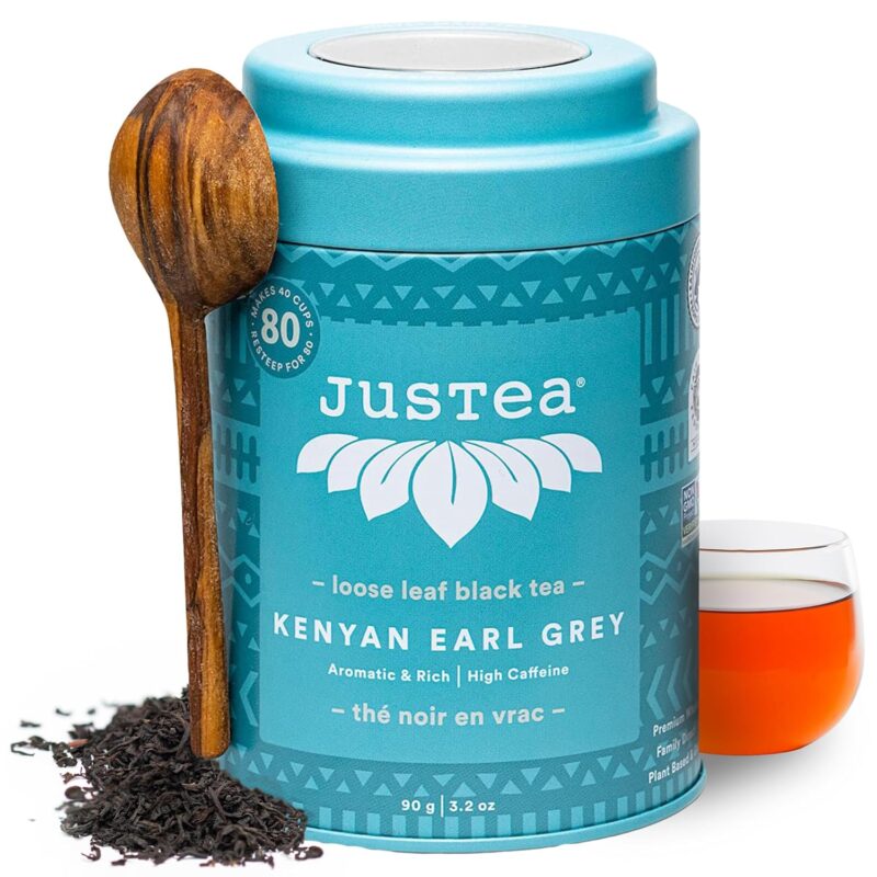 JusTea KENYAN EARL GREY | Loose Leaf Black Tea with Hand Carved Tea Spoon | 40+ cups 3.2 Ounce Tin | High Caffeine | Award-Winning | Organic | Fair Trade | Non-GMO