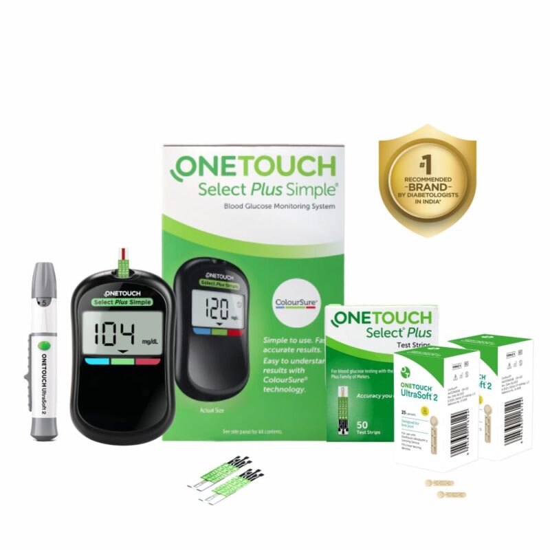 OneTouch Select Plus Simple glucometer machine with 10+50 Test Strips & 50 additional Ultrasoft 2 Lancets (total 60 lancets) | Simple & accurate testing of Blood sugar level at home