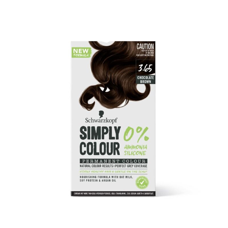 Schwarzkopf Simply Colour Permanent Hair Colour Gentle On Scalp, Upto 100% Grey Coverage, Dermatologist Tested Long-Lasting Nourishing Formula With Argan Oil, PPD & PTD Free 3.65 Chocolate Brown 142.5ml