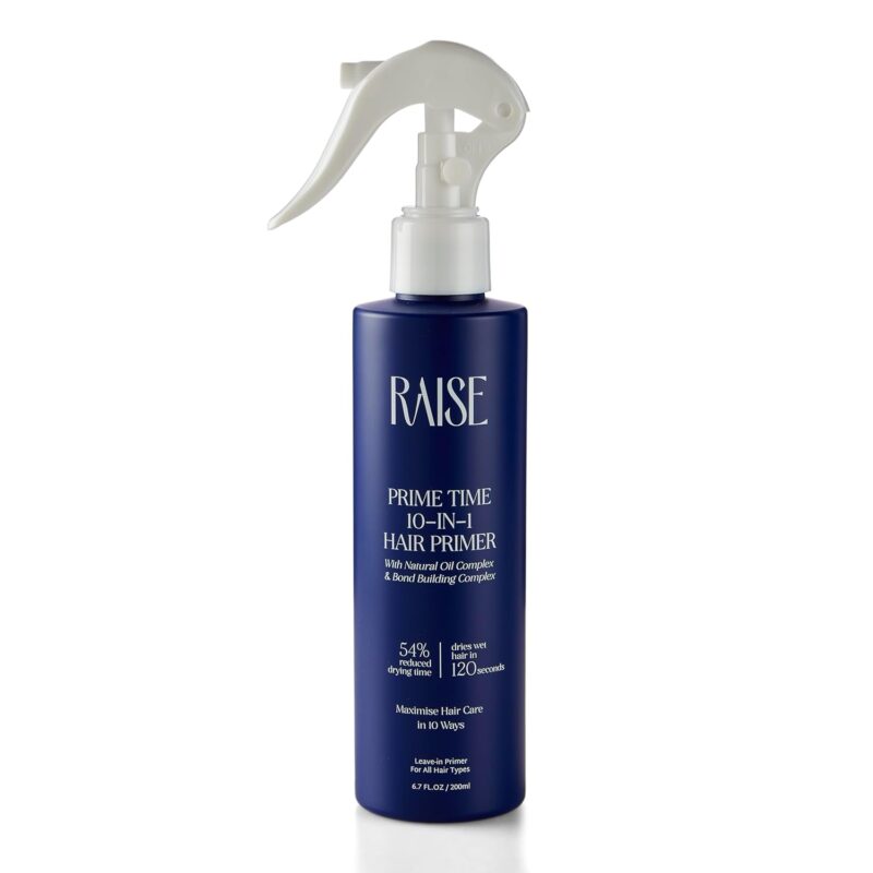 Raise Prime Time 10-in-1 Hair Primer | Heat Protectant Spray with Argan Oil | Frizz Control, Shine & Smoothness | Cuts Drying Time by 54% | SLS & Paraben Free Leave-In Hair Treatment | 200 ml
