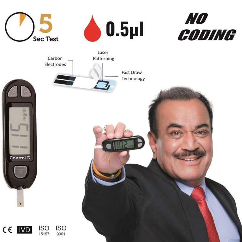 Control D Sugar Testing Monitor with 5 Strips | Glucometer (Black)