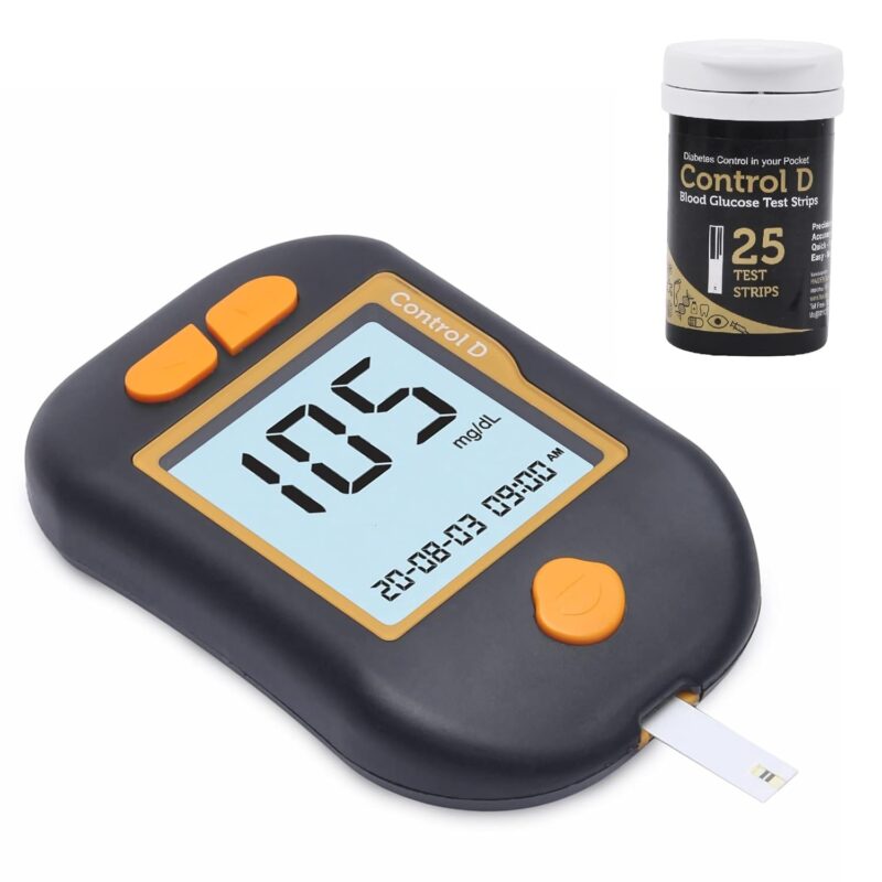 Control D Advanced Digital Diabetes Glucose Blood Sugar Testing Monitor with 25 Strips Glucometer (Black, Orange)