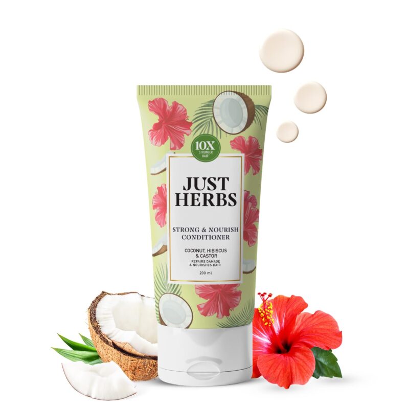 Just Herbs Strong & Nourish Conditioner | Coconut, Hibiscus, Castor & 13 Herbs | 10X Stronger Hair | Controls Frizz | Ayurvedic Conditioner for All Hair Types - 200ml