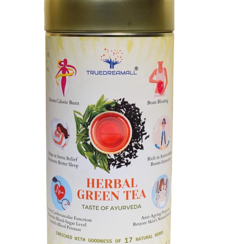 TRUEDREAMALL Herbal Green Tea- 17 Natural Herbs (Mulethi, Giloy, Ashwagandha, Arjuna)-100% Organic Herbs, Reliefs Stress, Promotes Better Sleep, Healthy Heart, Controls Diabetics- 150 gm