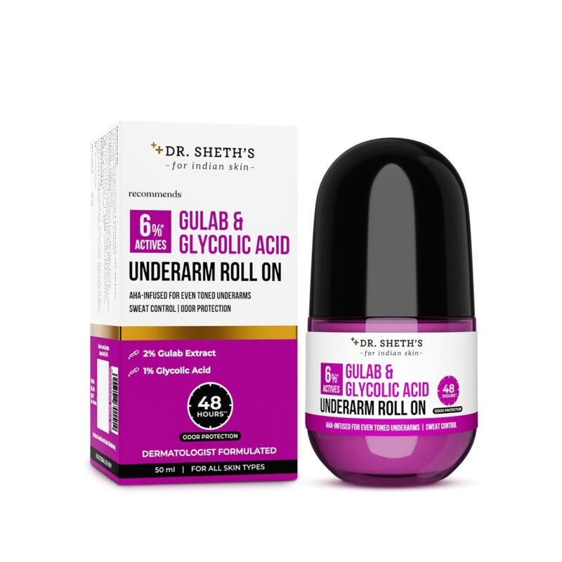 Dr. Sheth's Gulab & Glycolic Acid Underarm Roll-On|6% Actives|48-Hours Odor Protection|Aha Based|Aluminum & Alcohol Free|Sweat Control & Fades Pigmentation|Floral Fragrance|Men & Women|50 Ml Pack Of 1
