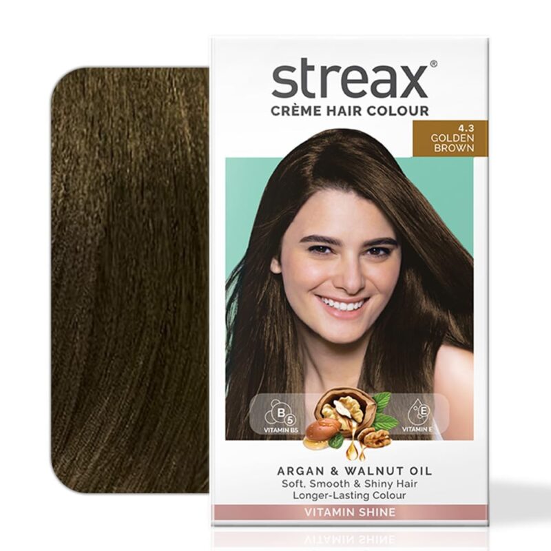 Streax Cream Hair Colour for Women & Men |4.3 Golden Brown | Enriched with Walnut & Argan Oil | Instant Shine & Smoothness | Long Lasting Hair Colour | Soft & Silky Touch, Colourant Tube 60g, Developer Bottle 60ml, Conditioner 20g