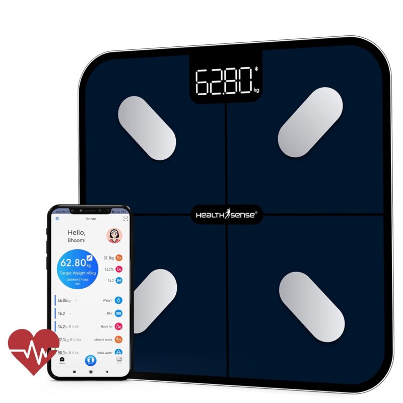 HealthSense Bluetooth BMI Weight Machine for Body Weight, Digital Body Fat Analyzer Machine & Smart Body Composition Scale with Mobile App, 15 Body Composition, LED, BIA Technology & 1 Year Warranty